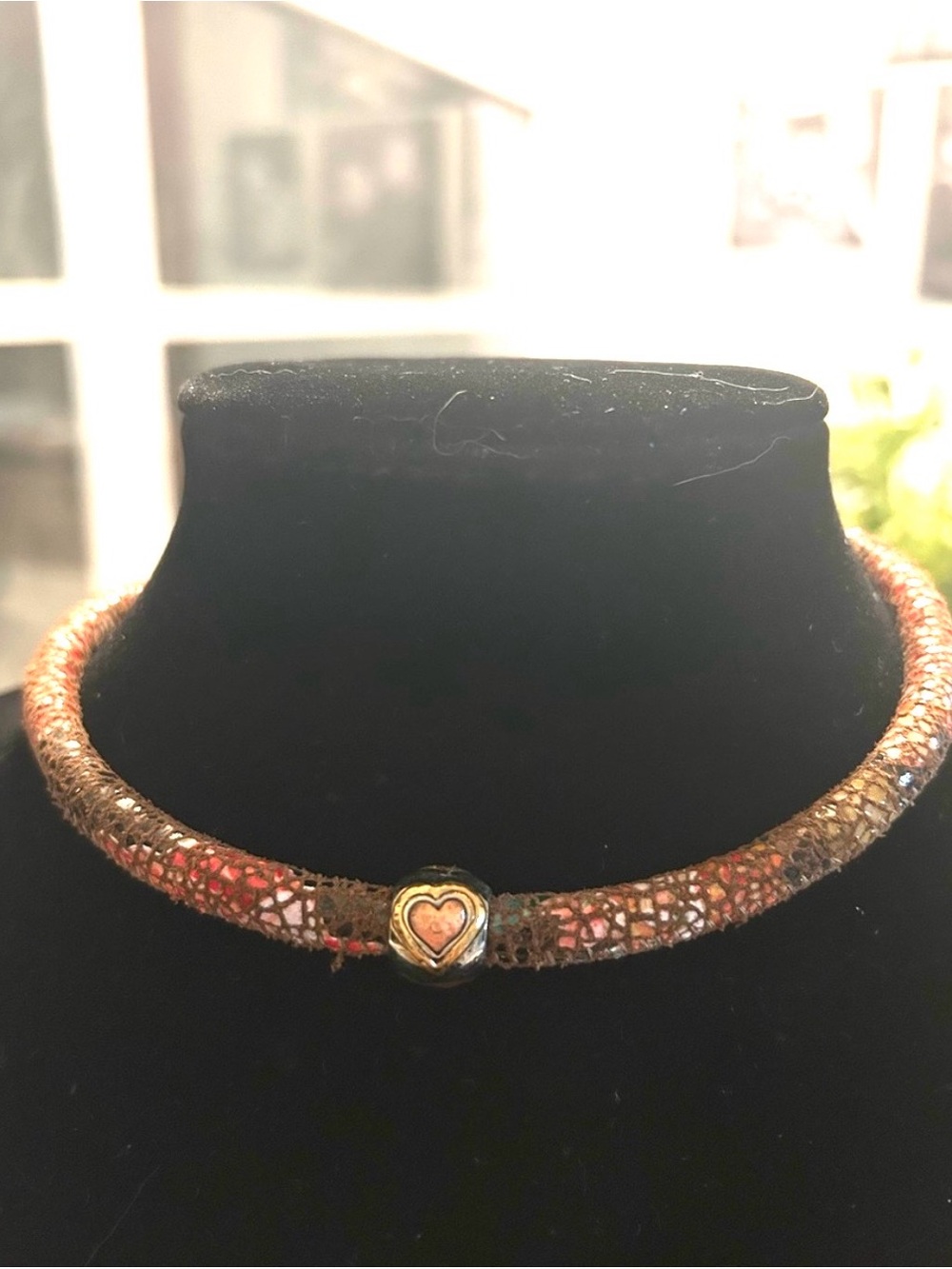 Brighton Woodstock Collection leather choker necklace, w/heart slider charm.